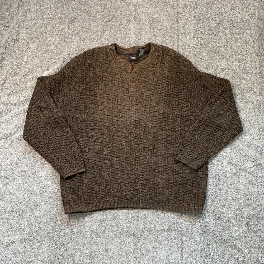 Haggar Mens XL Brown Basketweave Textured Knit Henley Sweater Cotton Blend